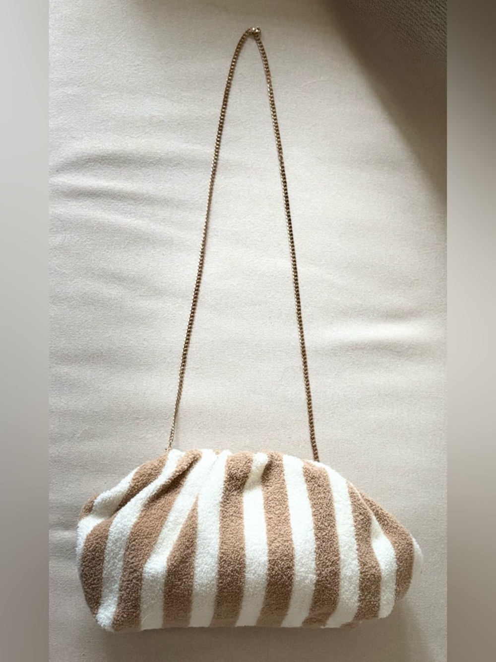 Anthropologie White & Tan Striped Plush Terry Bag with Gold Chain